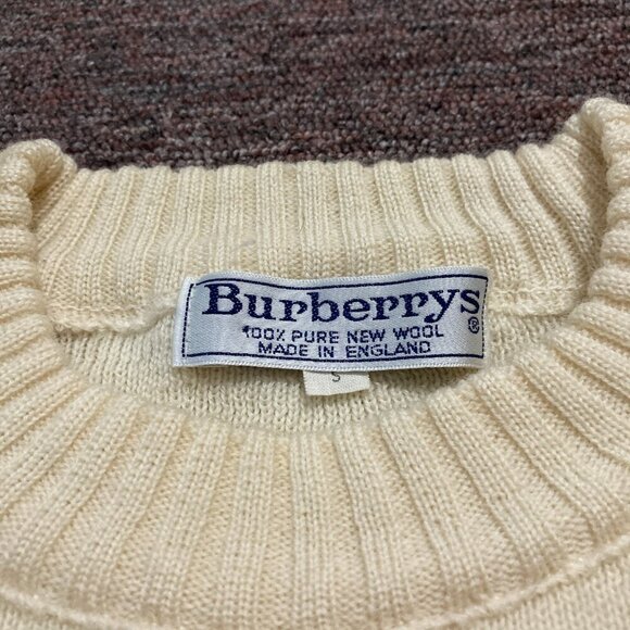 Vintage Burberrys 100% Pure New Wool Sweater Men's Small Cream Elbow Patches - Picture 3 of 16